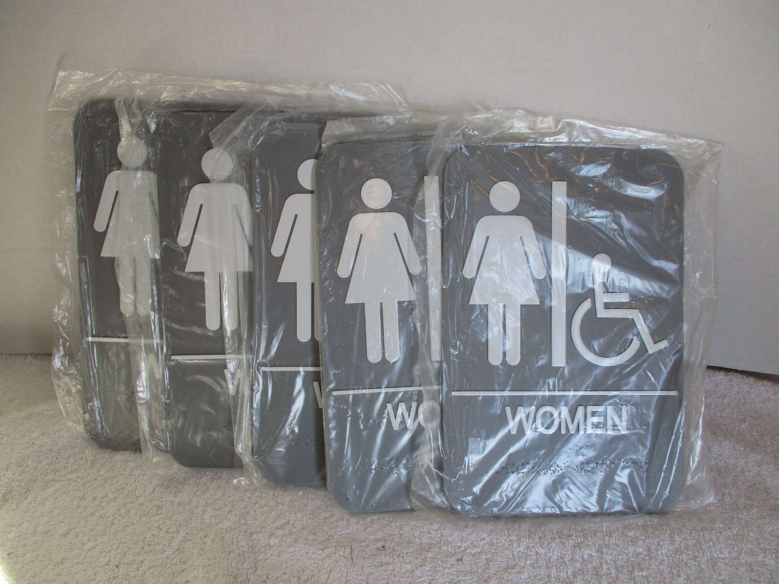 LOT OF 5 BATHROOM SIGNS ADA BRAILLE ADHESIVE GRAY WOMEN RESTROOM
