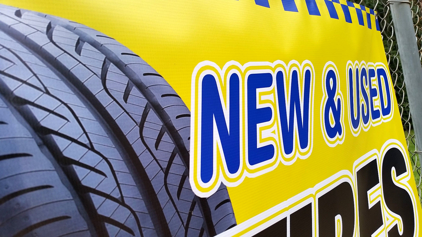 NEW & USED TIRES Banner Window Display Open Sign Rim Wheels Vinyl Color Graphics