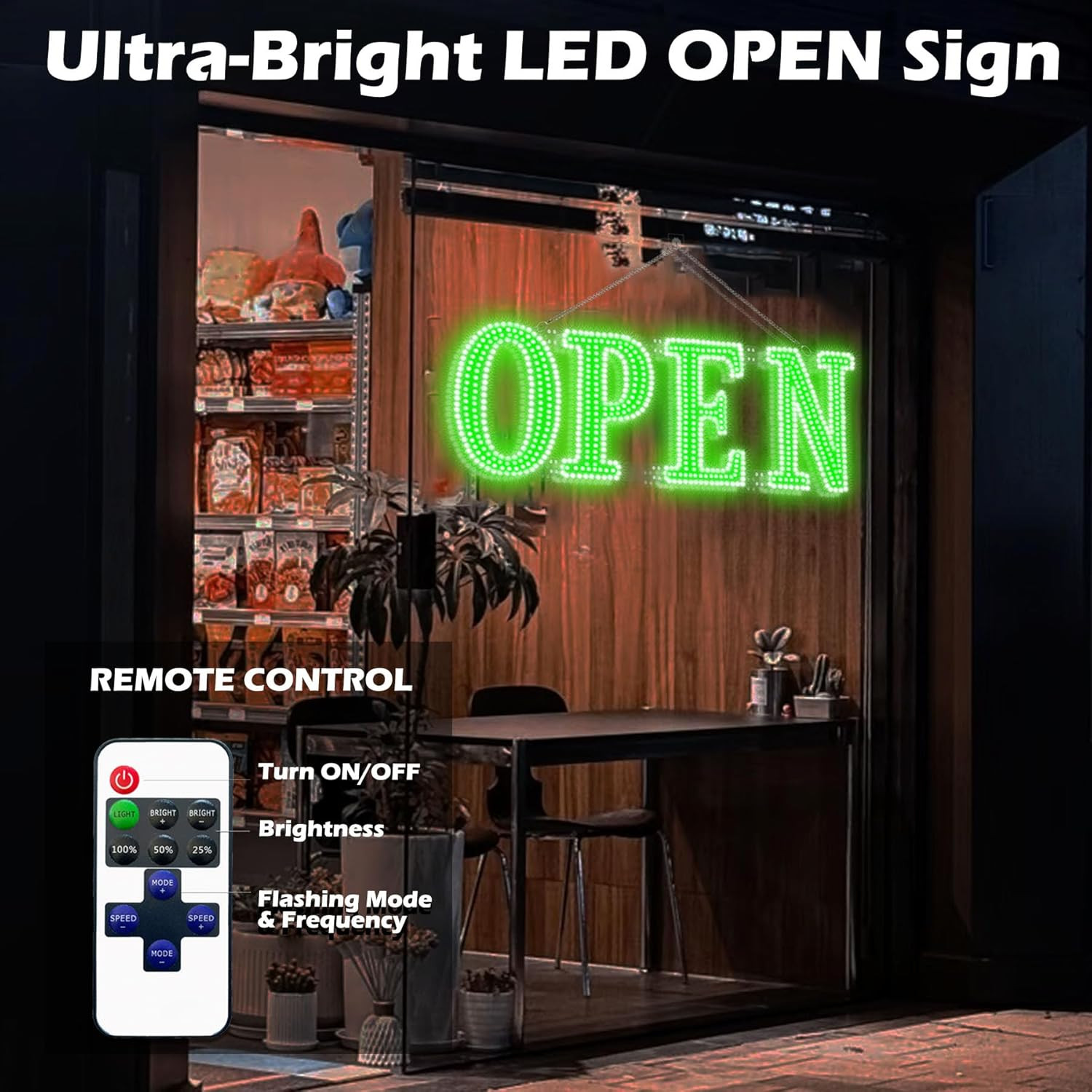 Bright Green LED Open Sign with Remote Control for Store, Bar, or Salon