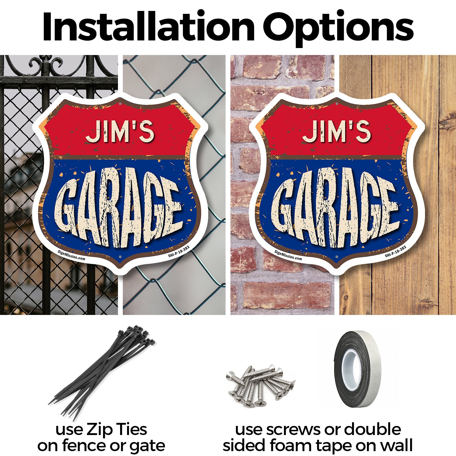 Jim&rsquo;s Garage Shield Shaped Sign Weather Resistant Crafted in the USA
