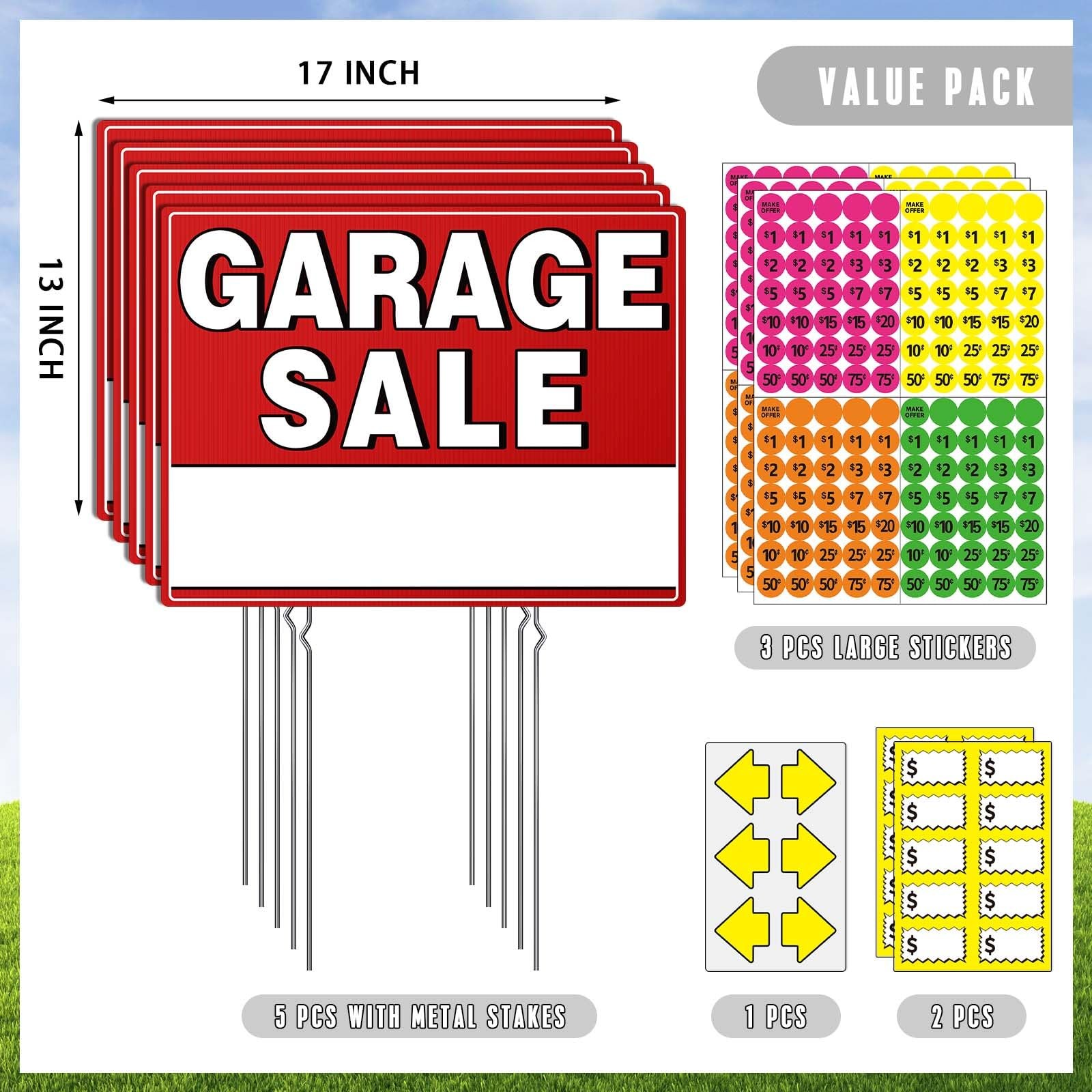 Garage Sale Kit (10 Pcs), 5 Pack Garage Sale Signs with Metal Stakes, 5 Pack …