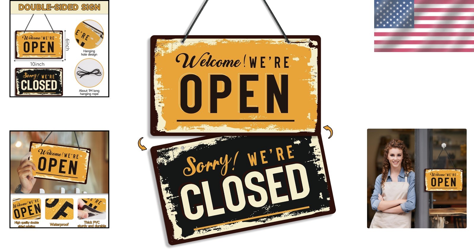 Open Closed Sign for Business, 10&Prime; X 6&Prime; Double Sided Plastic Sign with Twine, Su