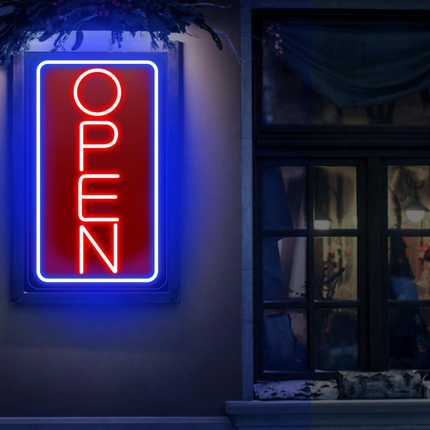 Ultra Bright LED Neon Open Sign for Business – 32&Prime; Vertical Blue/Red