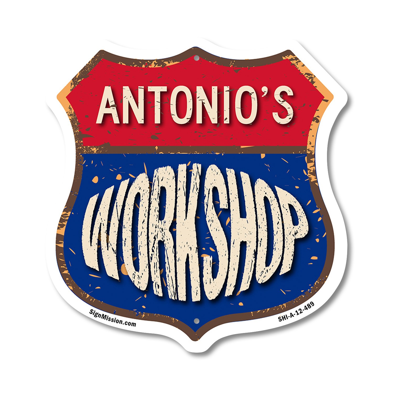 Antonio&rsquo;s Workshop Shield Shaped Sign Weather Resistant Crafted in the USA