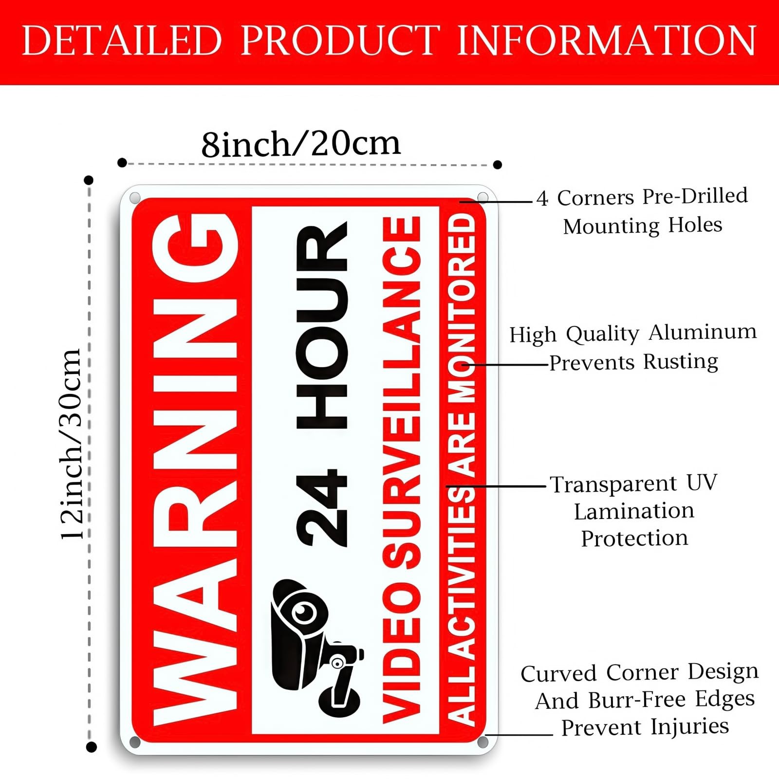 4 Pack Video Surveillance Signs, 8 x 12 Inch Aluminum Camera Signs, CCTV Securit