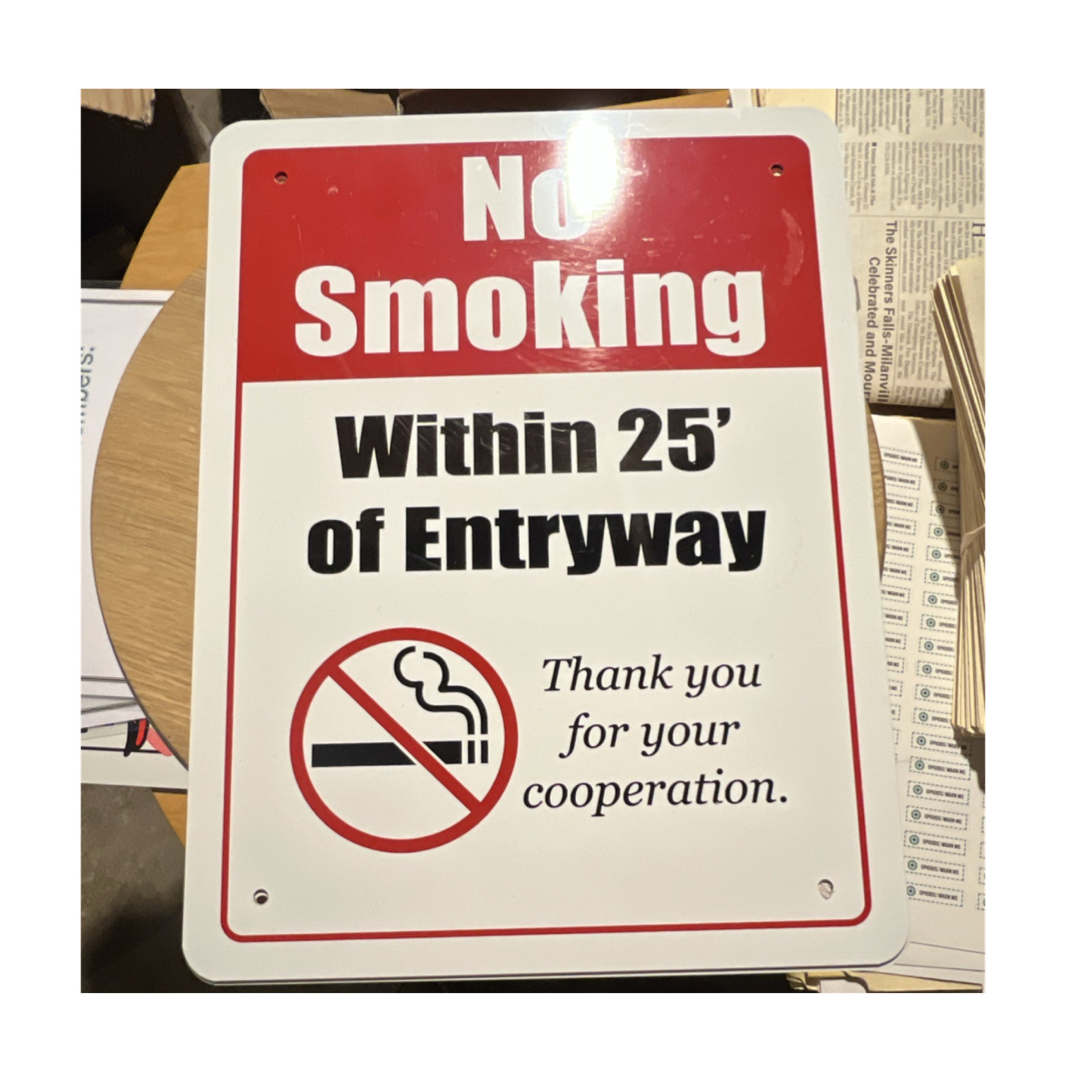 Red Exterior Business Hours/Status Sign – No Smoking Within 25&prime; of Entryway