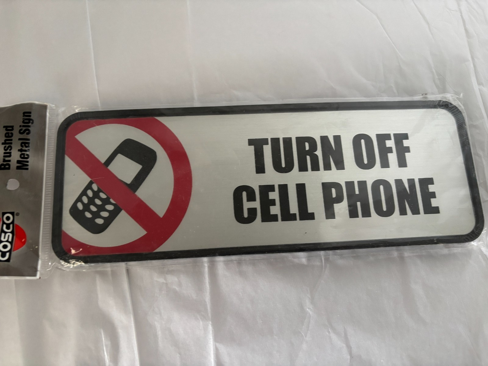 New COSCO Brushed Metal Sign – Turn Off Cell Phone – 3 Inches x 9 Inches