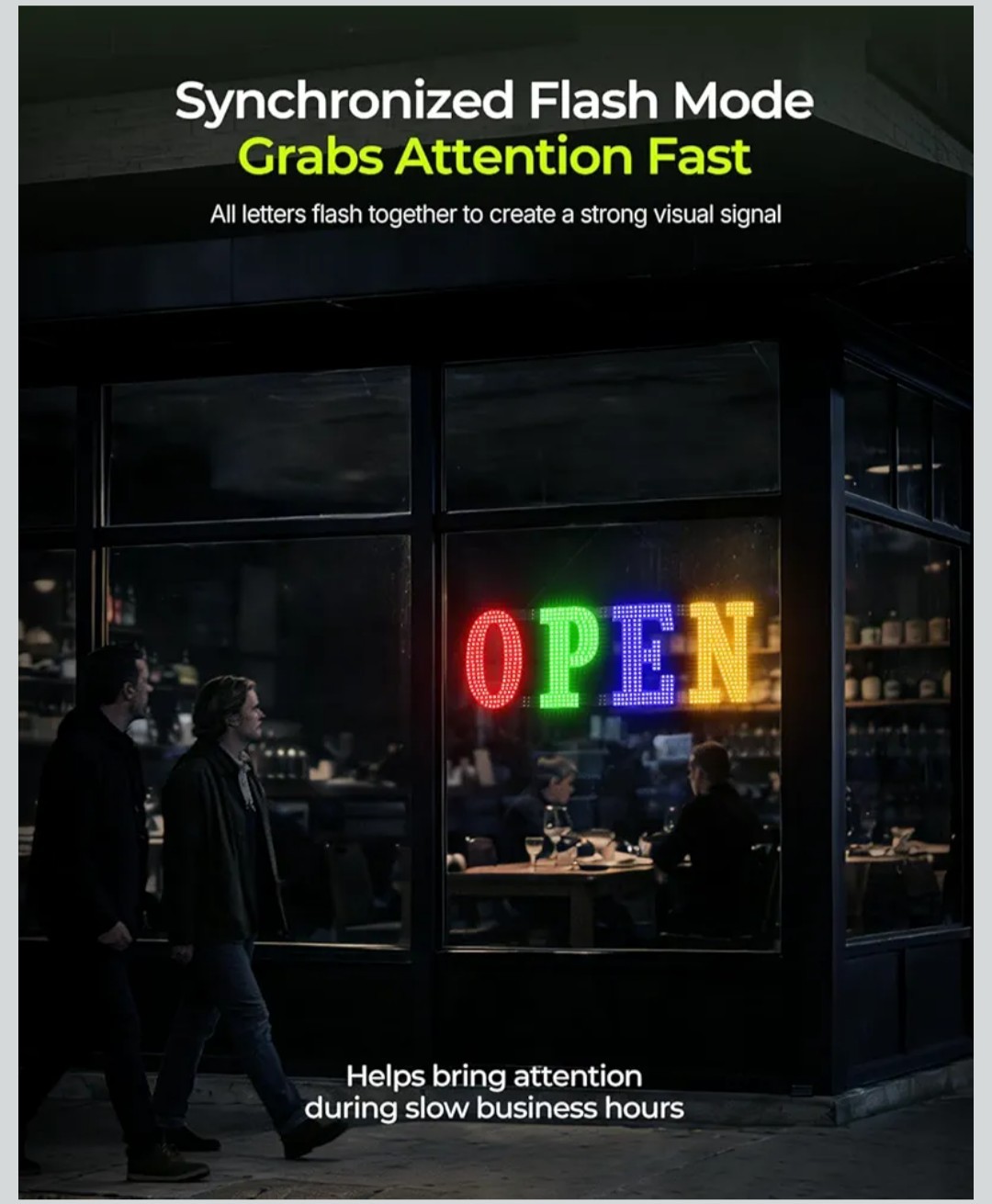Multi-Color OPEN Sign, 40&Prime; x 14&Prime;, Adjustable Brightness & Flash Speed, Remote