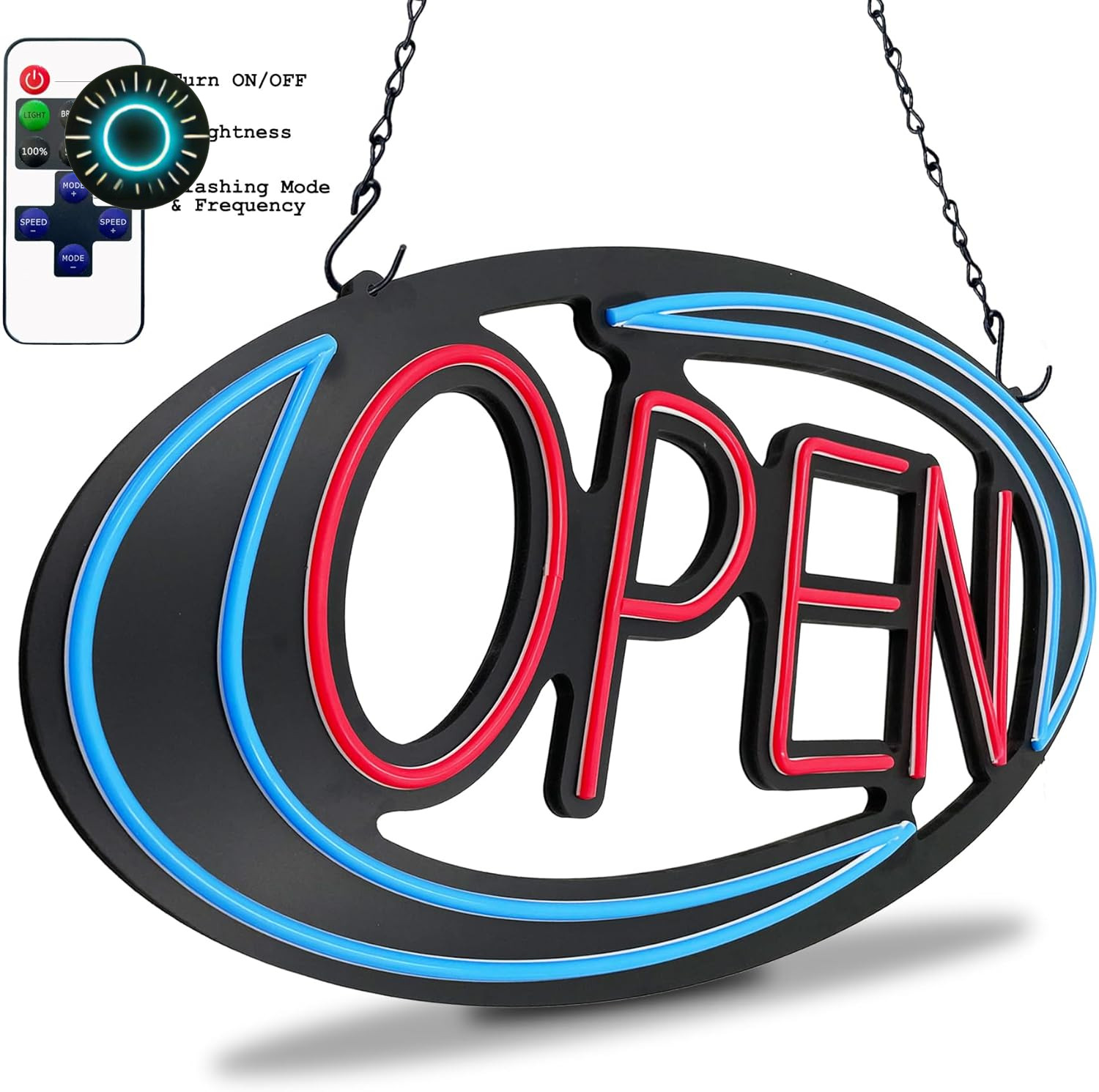 Bright LED Open Sign for Business – 32×16 Inch with Remote Control & Flashing