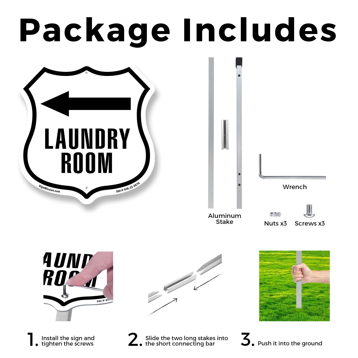 Laundry Room Left Shield Shaped Sign With Stake Crafted in the USA