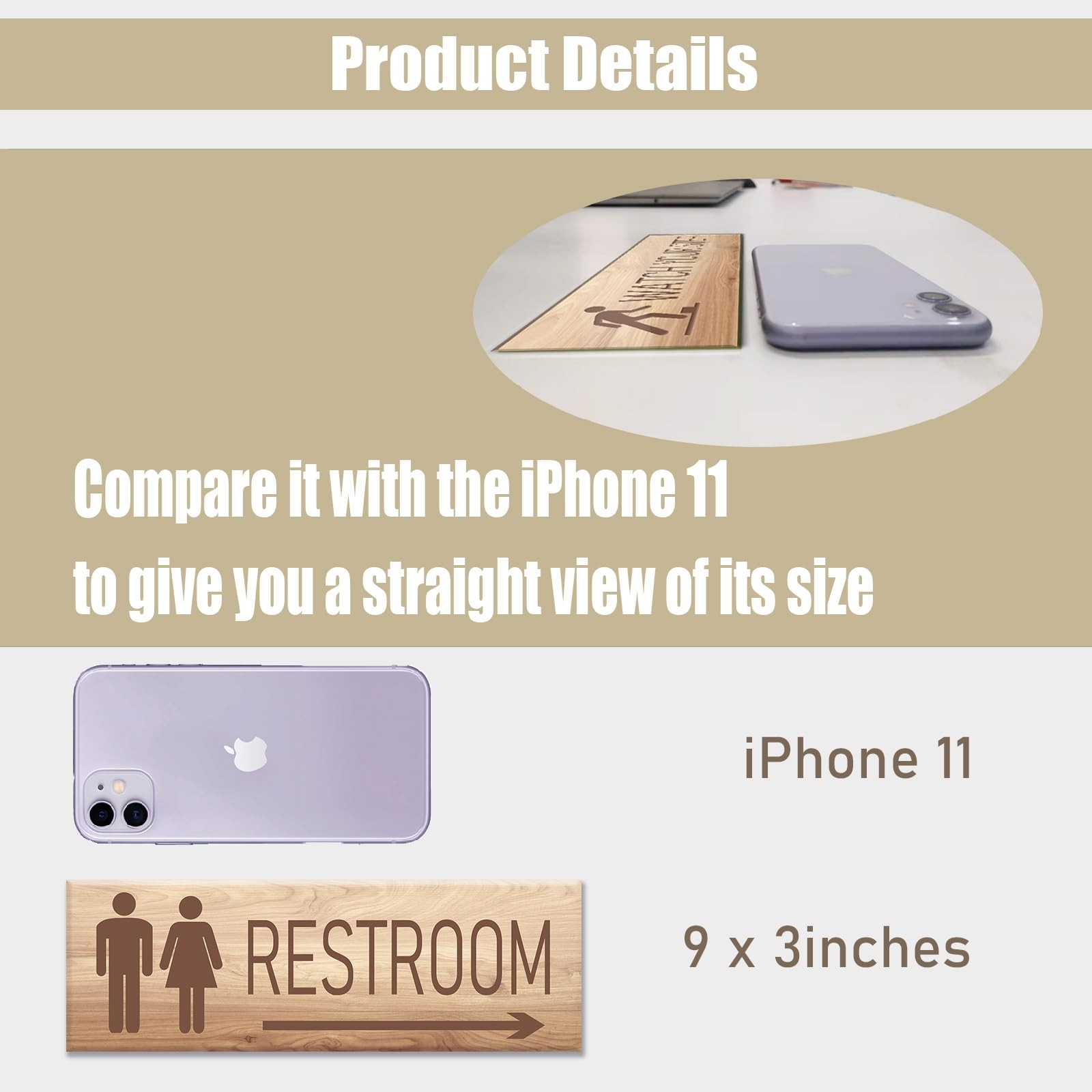 9×3 Inch Wood Graining Restroom Sign Arrow Right Adhesive Door Wall Plate