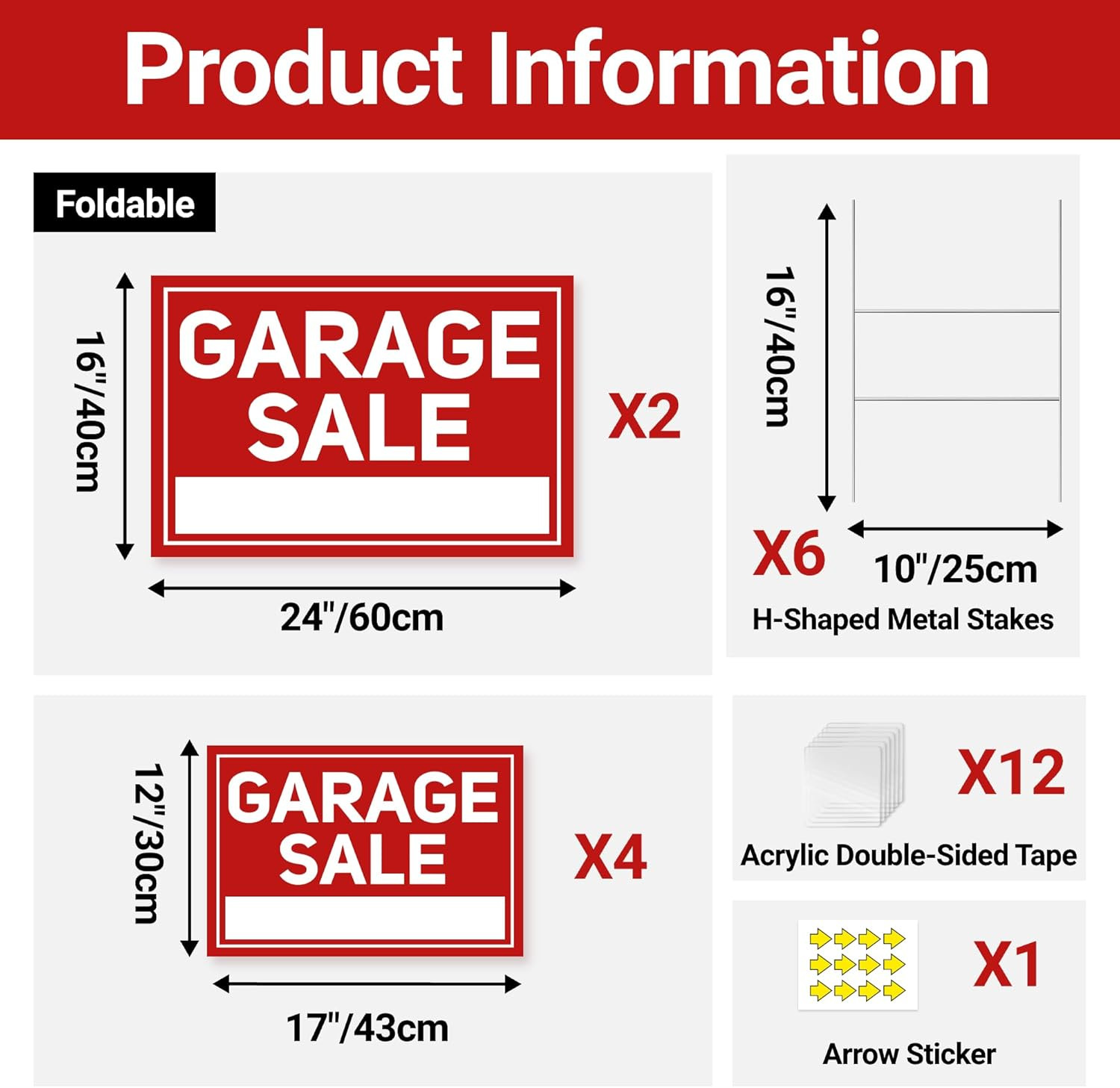6 Pcs Garage Sale Signs with Stakes, 2 Foldable Extra-Large Garage Sale Signs 24