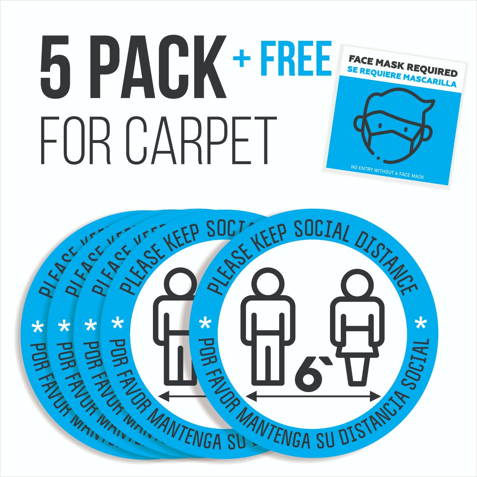 Social Distancing Floor Sign Carpet 5 Pack Plus Face Mask Required Window Decal