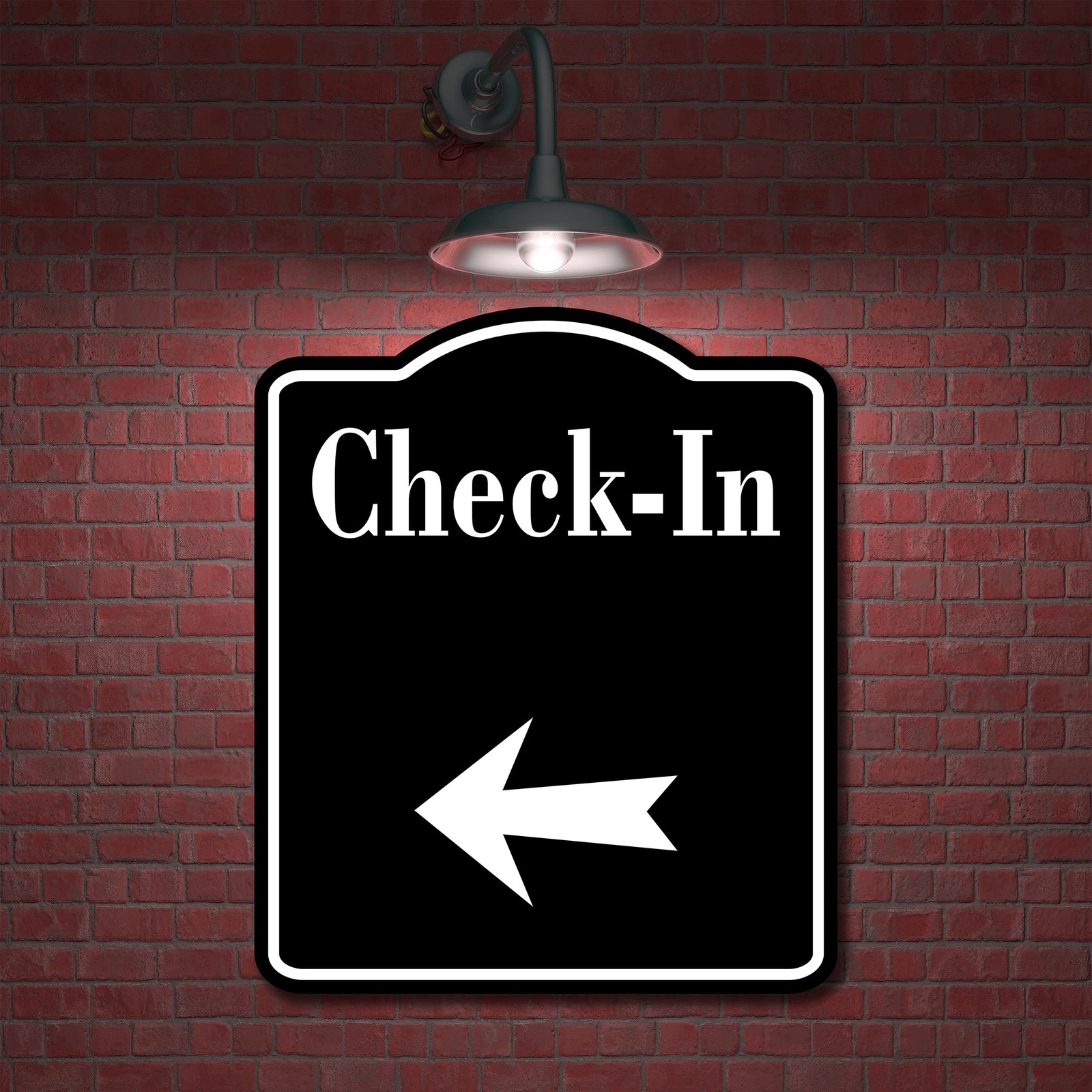 Left Arrow CheckIn Black Aluminum Composite Sign Business 8.5×10 Inch