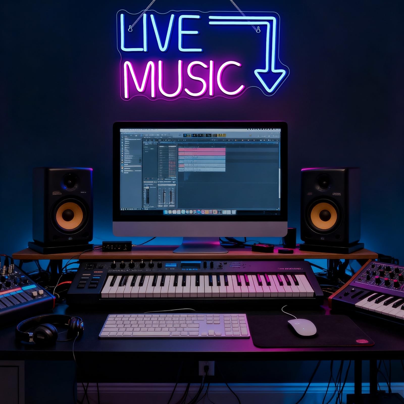 Live Music Neon Sign LED Neon Sign Large Blue and Pink Words for Music Studio…