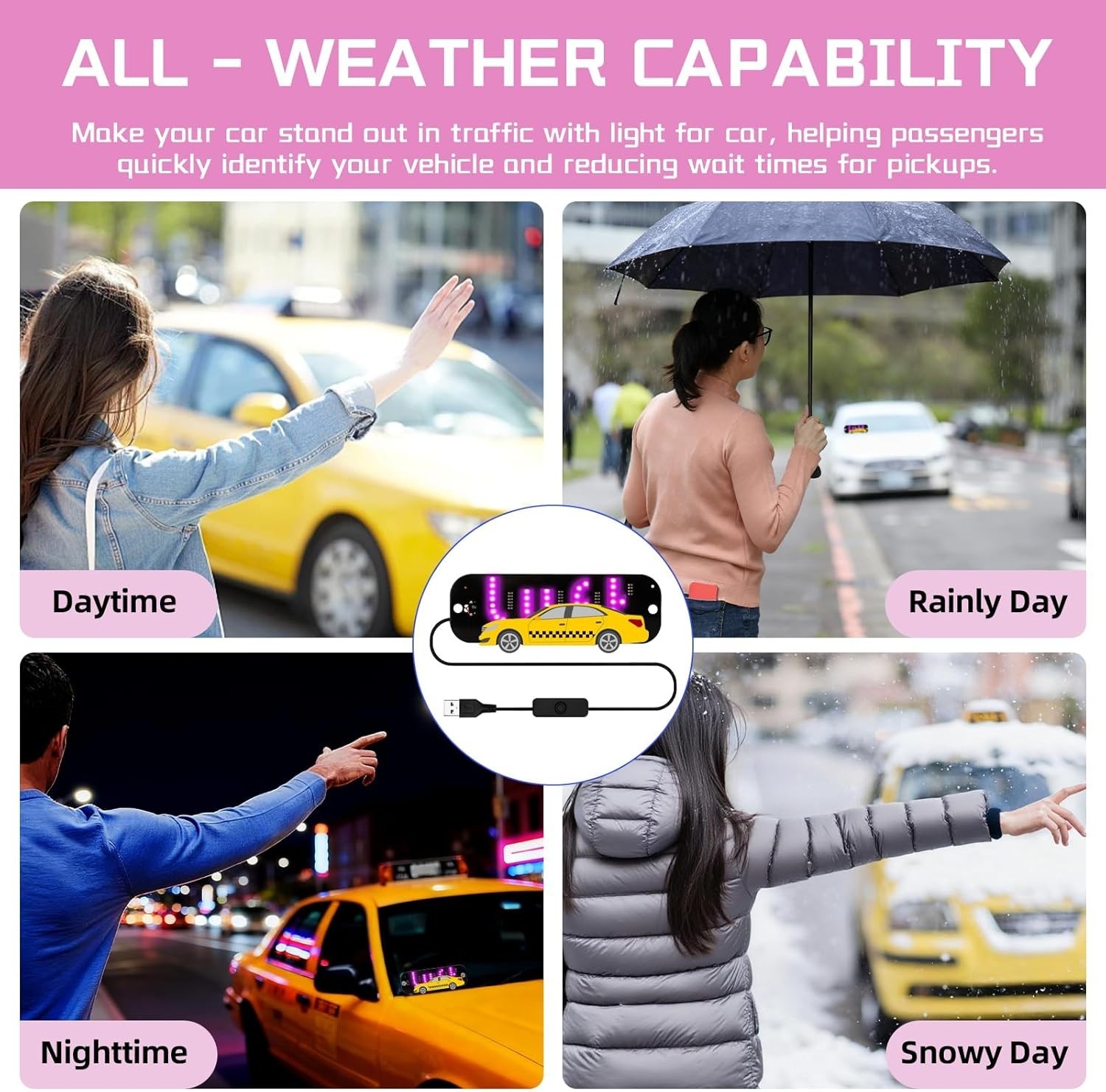USB LED Light Sign for Drivers,Windshield Taxi Sign with Scrolling Display, Easy