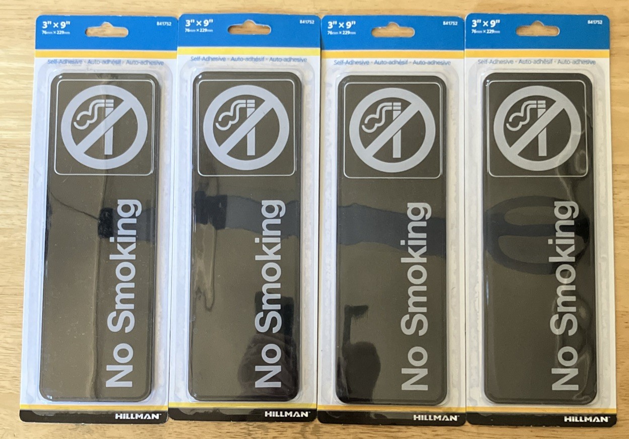 Lot of 4 Hillman NO SMOKING Sign 841752 3&Prime;x9&Prime; Plastic Black White Symbol. (B