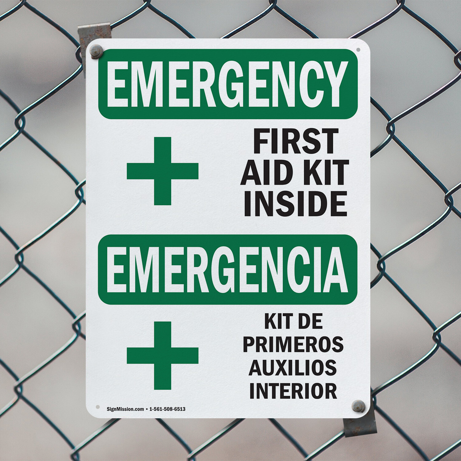 (2 Pack) First Aid Kit Inside Bilingual OSHA Emergency Sign Decal Metal Plastic