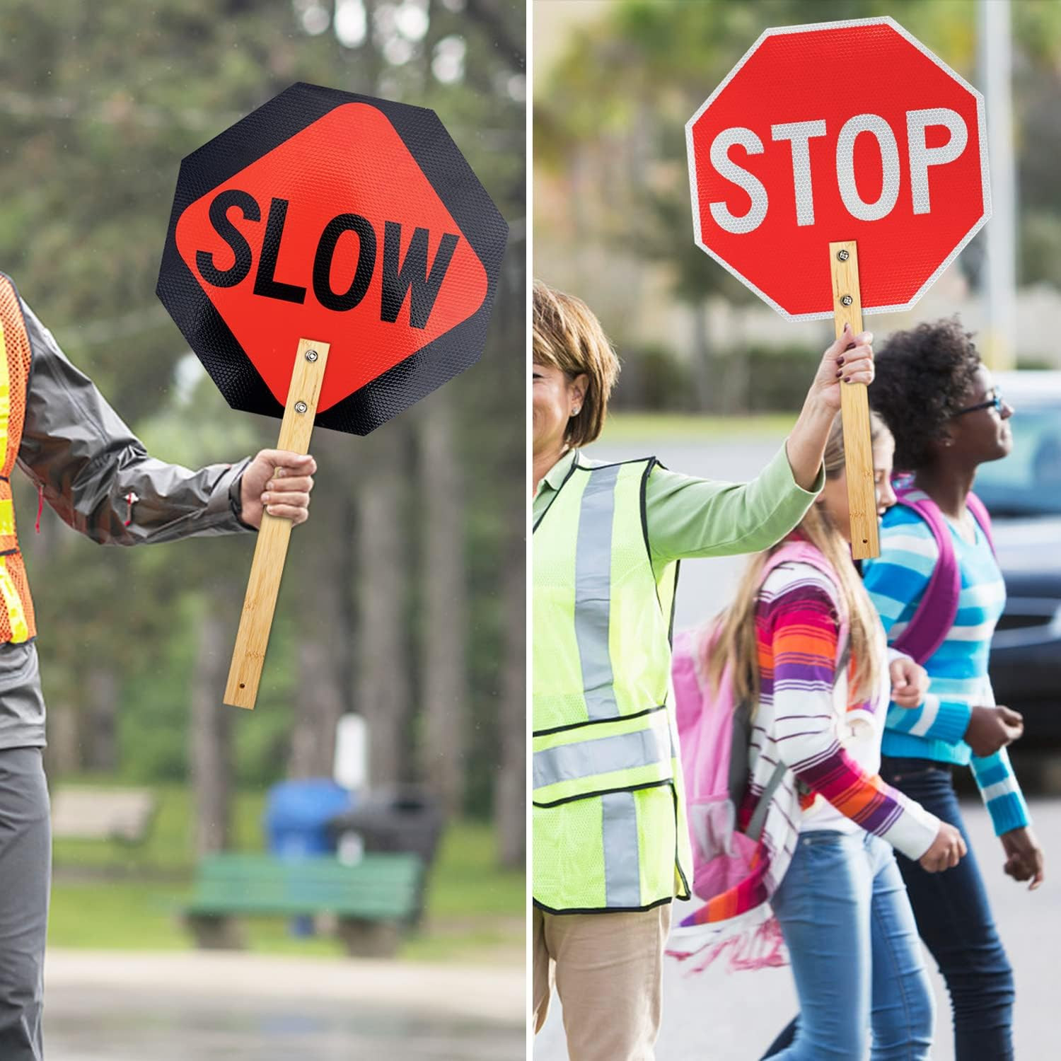 Stop Slow Sign with Bamboo Handle, 2-Pack 13&Prime; X 13&Prime; Double Sided Engineer Grade