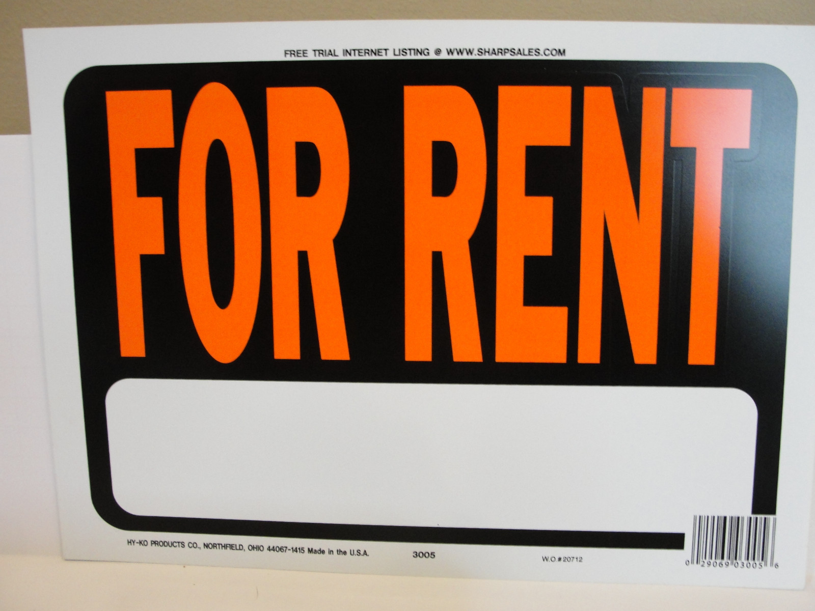 HY KO Products 3005 Plastic « For Rent » Sign, 9&Prime; x 12&Prime;