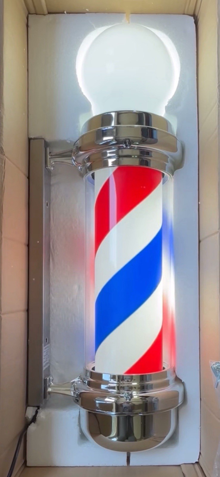 Illuminated Barbershop Pole Wall Mounted Sign Red White Blue Plastic Metal