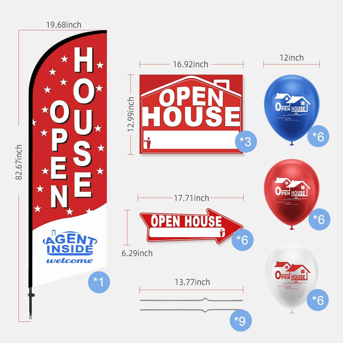 56 Piece Open House Signs for Real Estate Kit, 1 Open House Flag, 9 Double-Sided