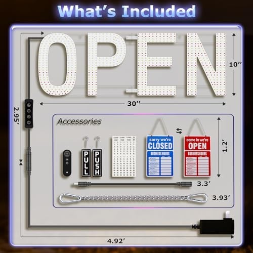 Large LED Open Sign for Business – 30&Prime;x10&Prime; Bright Remote Control, Dimmable, 12 M