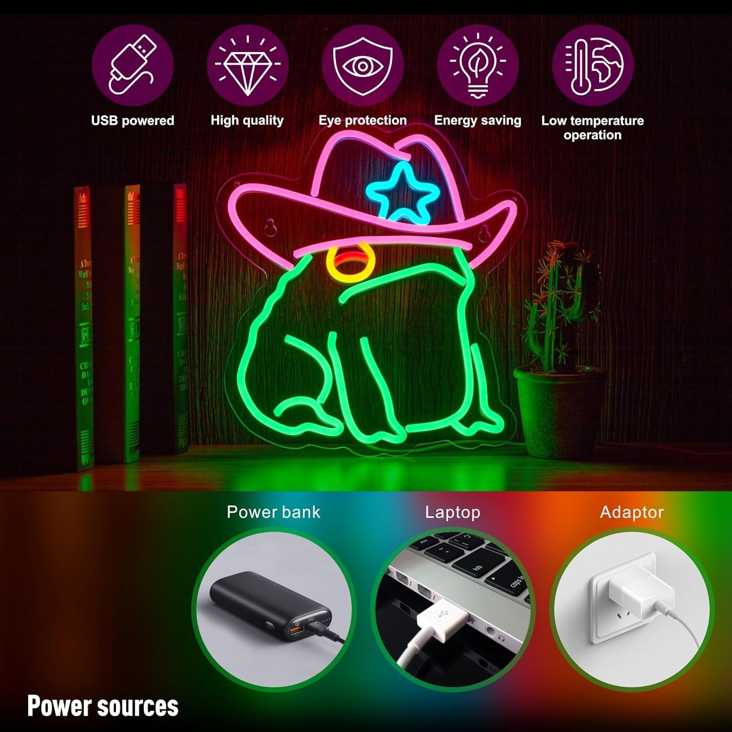 Cowboy Toad Neon Sign Frog Neon Light Cowboy LED USB Powered Dimmable Art Signs