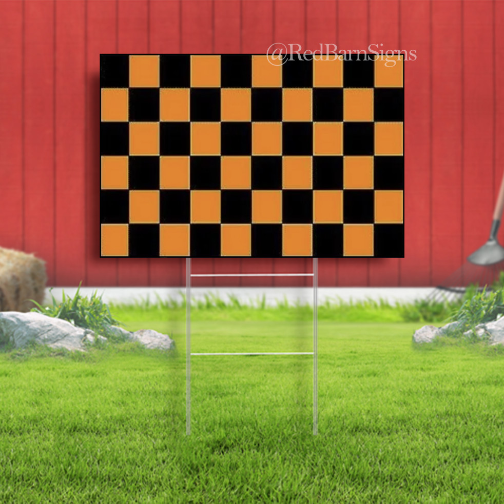 Orange and Black Checkered Advertising Yard Store Sign Party