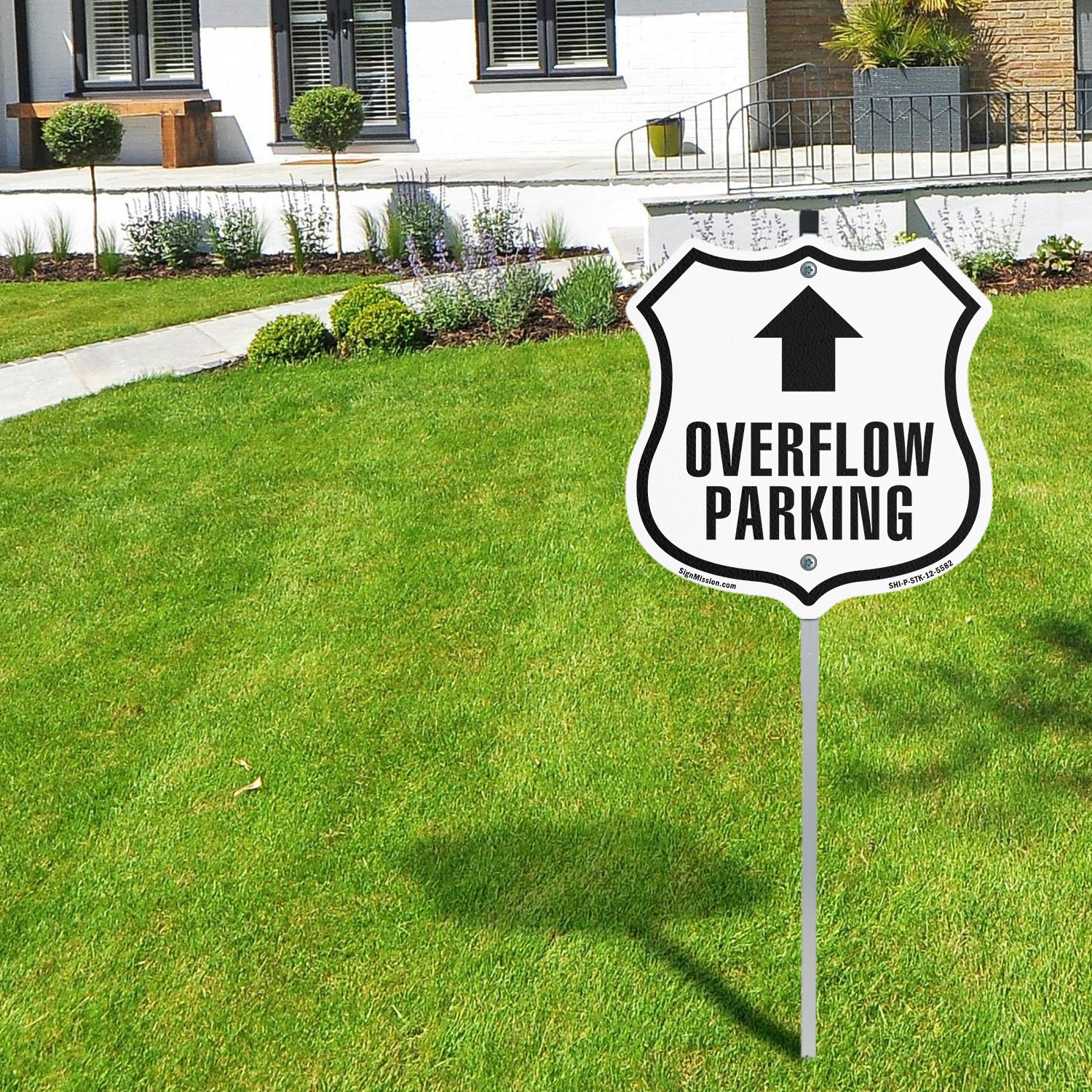 Overflow Parking Up Shield Shaped Sign With Stake Crafted in the USA