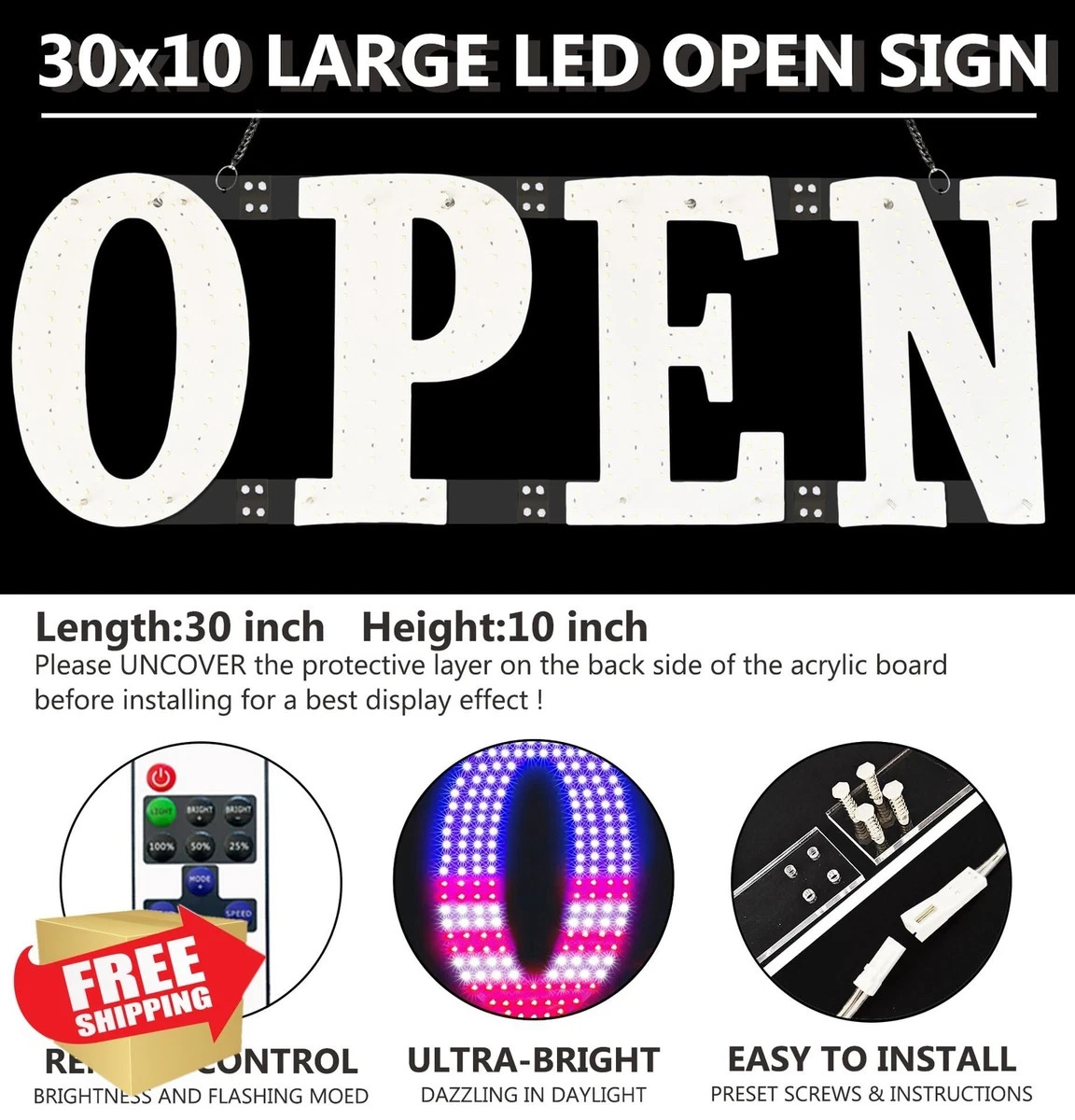 USA Flag LED Open Sign 30×10 Inch Window Wall Door Bar Cafe Restaurant