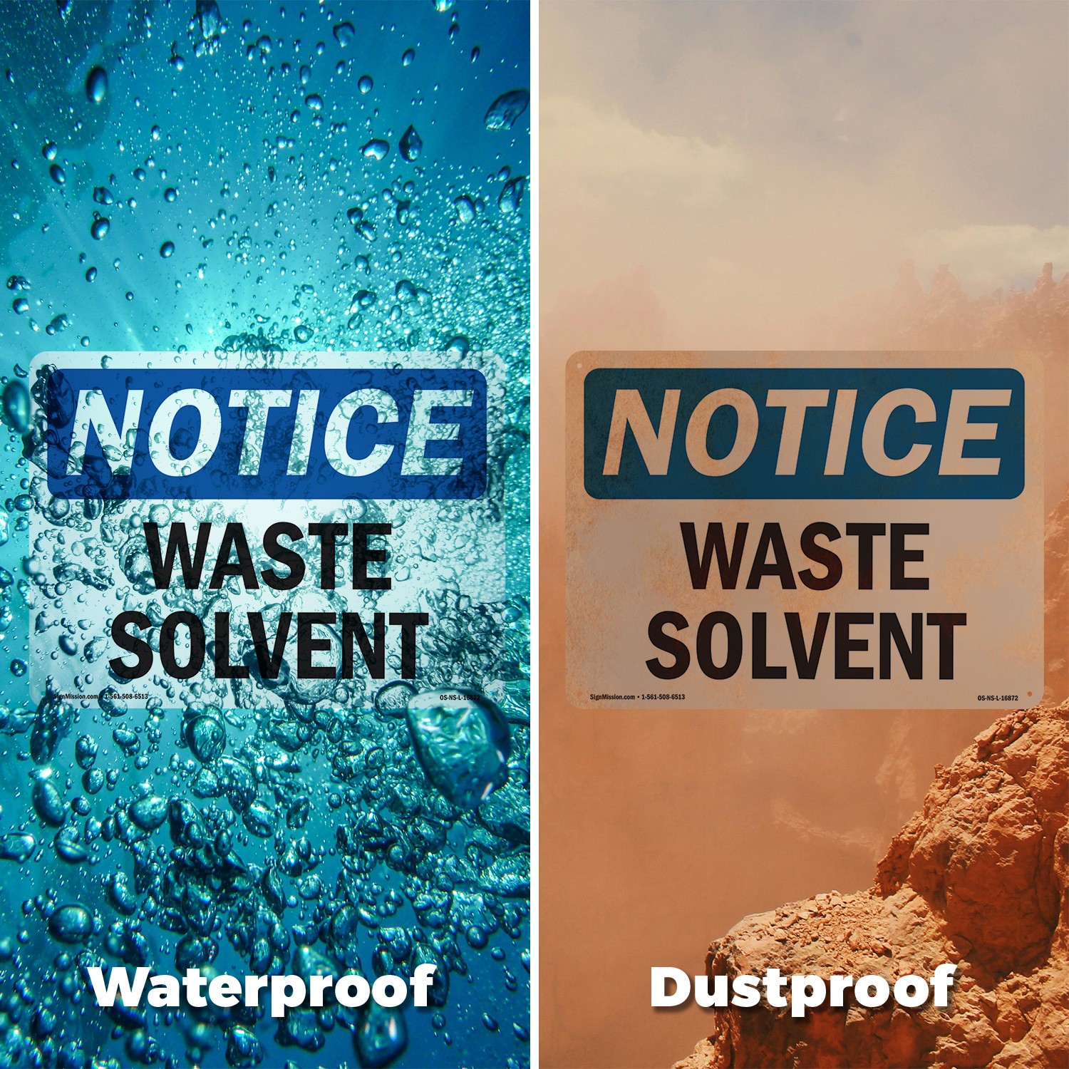 Waste Solvent OSHA Notice Sign Metal, Plastic, Or Decal – 5 or 10 Pack