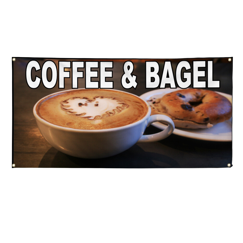 Vinyl Banner Multiple Sizes Coffee and Bagel Food Fair Restaurant Cafe Market