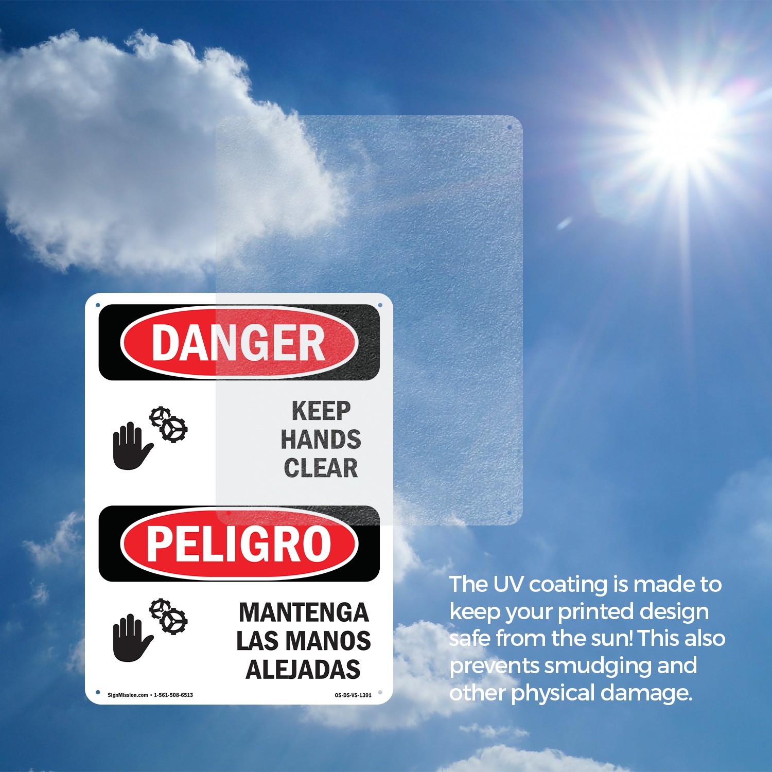 Keep Hands Clear Bilingual OSHA Danger Sign Metal, Plastic, Decal 5 or 10 Pack