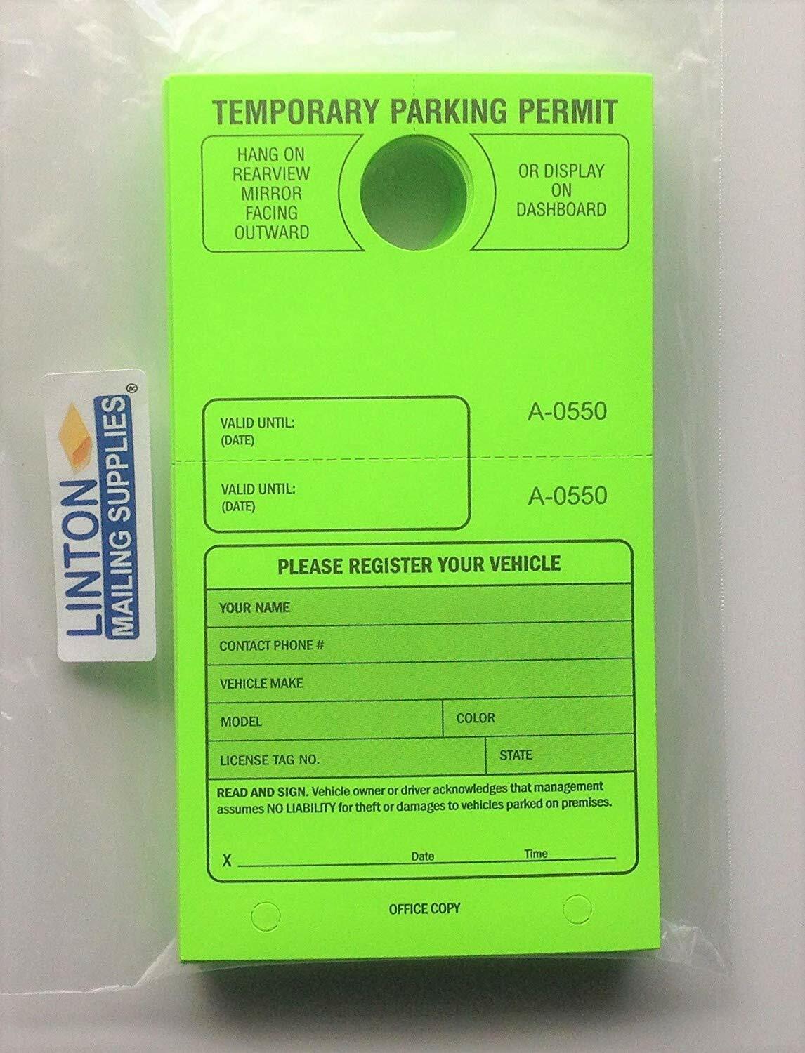 Temporary Parking Permit,7-3/4&Prime; x 4-1/4&Prime;, Bright Fluorescent Yellow – Pack of 50