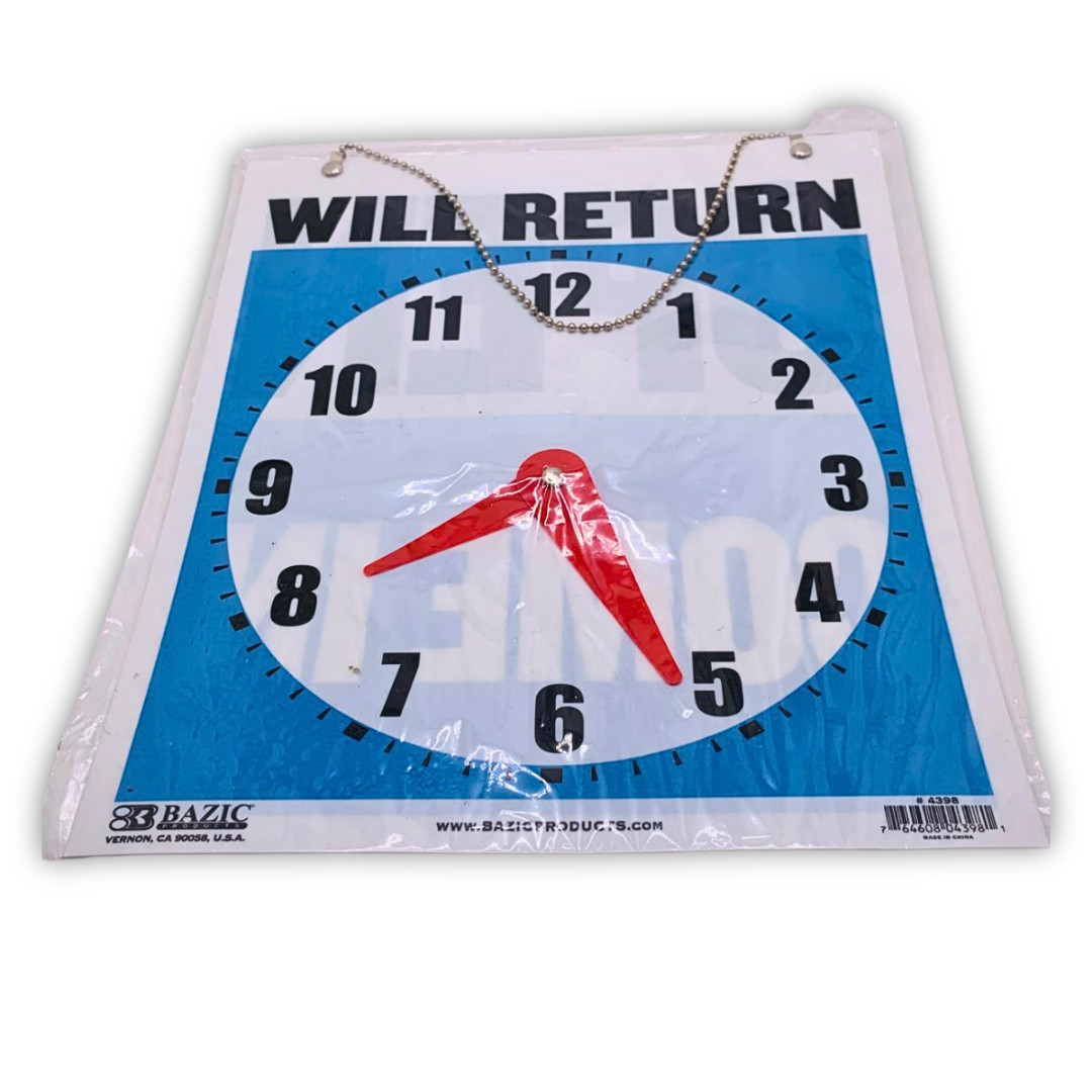 Will Return Clock Sign & Open Come In Double-Sided Door Sign with Chain