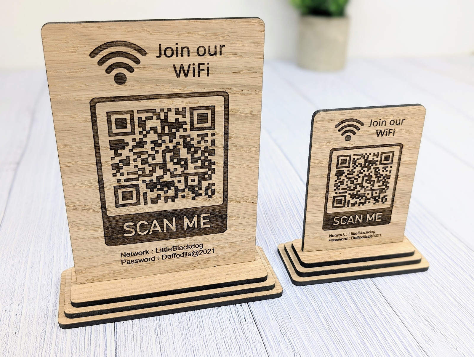 Wooden WiFi QR Code Sign, Network Password Table Display, 2 Sizes, 1 or 2 Sided