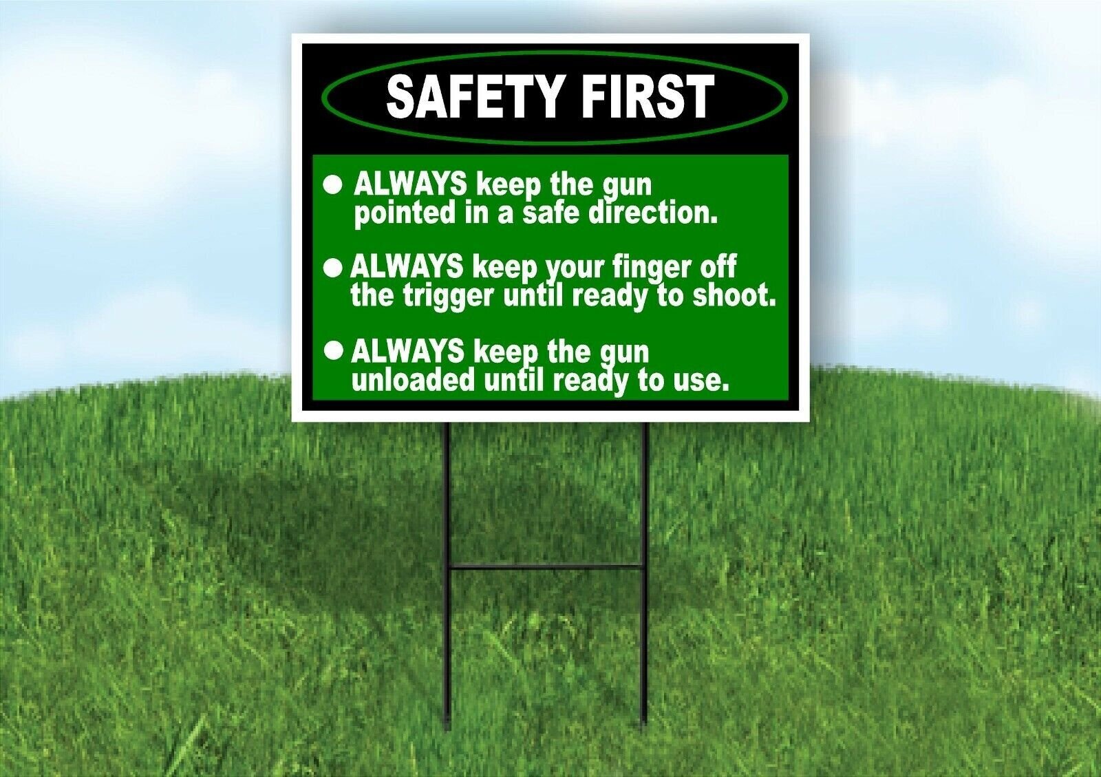 SAFETY FIRST GUN RULES GREEN WHITE Yard Sign with Stand LAWN SIGN