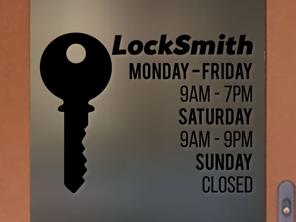 LOCK SMITH KEY BUSINESS HOURS COLORS and Sizes PERSONALIZED Sign Store Decal