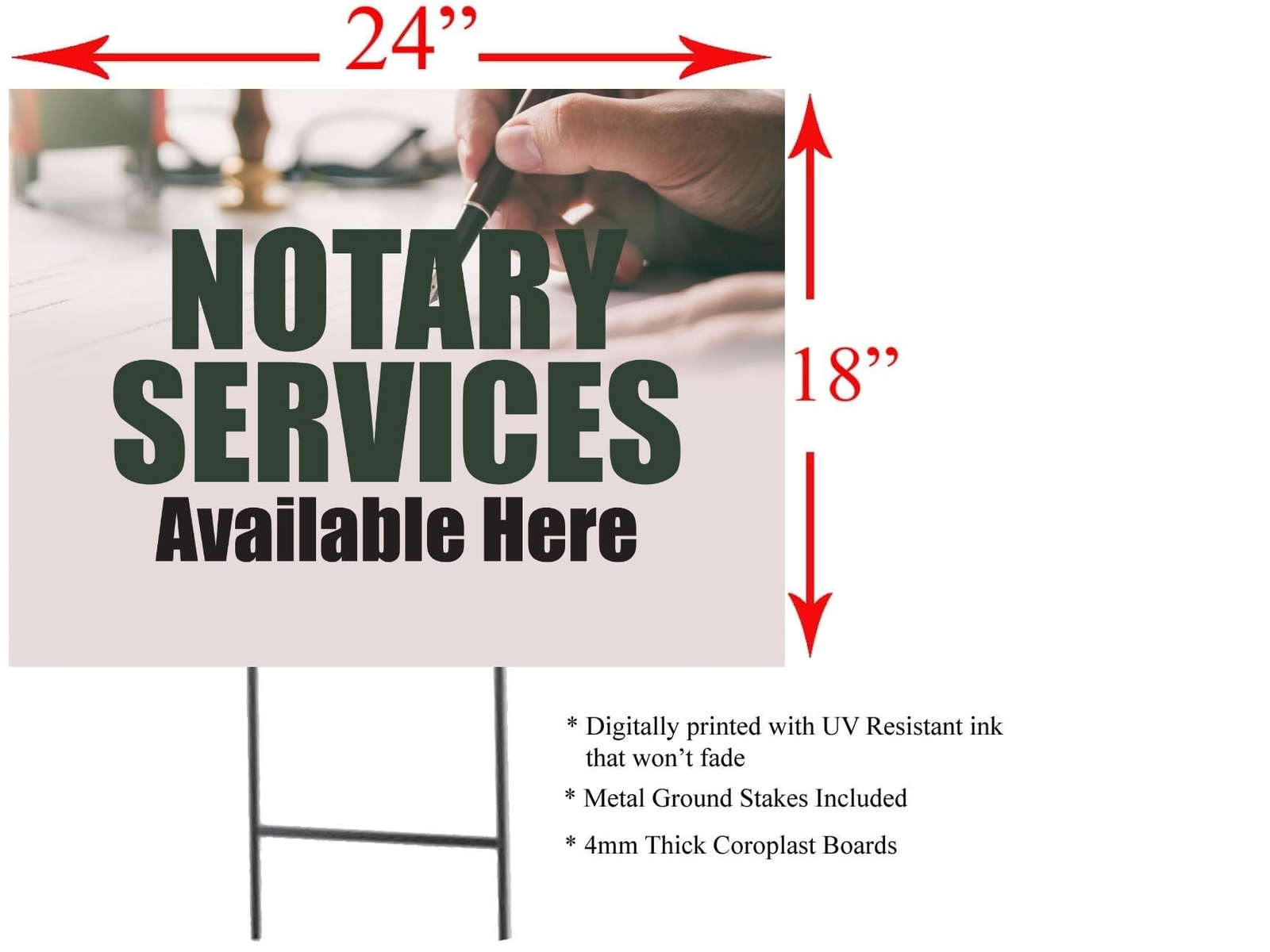 Notary Services Available | Sidewalk Yard Sign with Metal Stakes | 24&Prime;W x 18&Prime;H