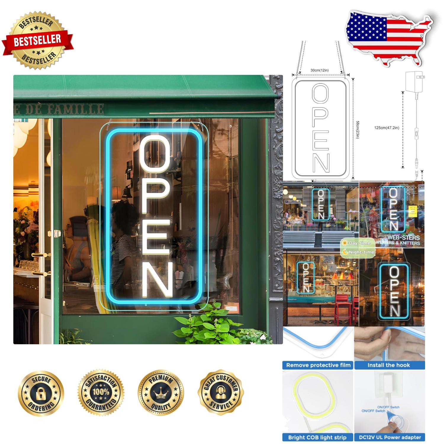 Large 23&Prime; LED Neon Open Sign, Ultra Bright Blue White, ON/OFF Switch, Bar Salon