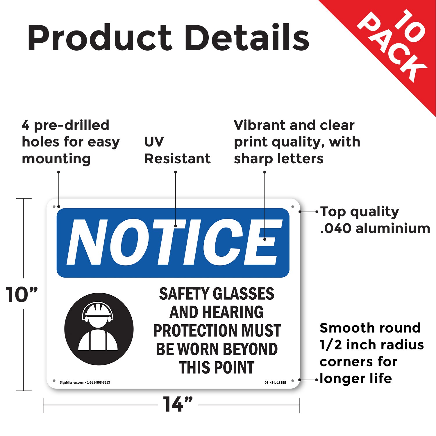 Safety Glasses And Hearing Protection OSHA Notice Sign Or Decal – 5 or 10 Pack