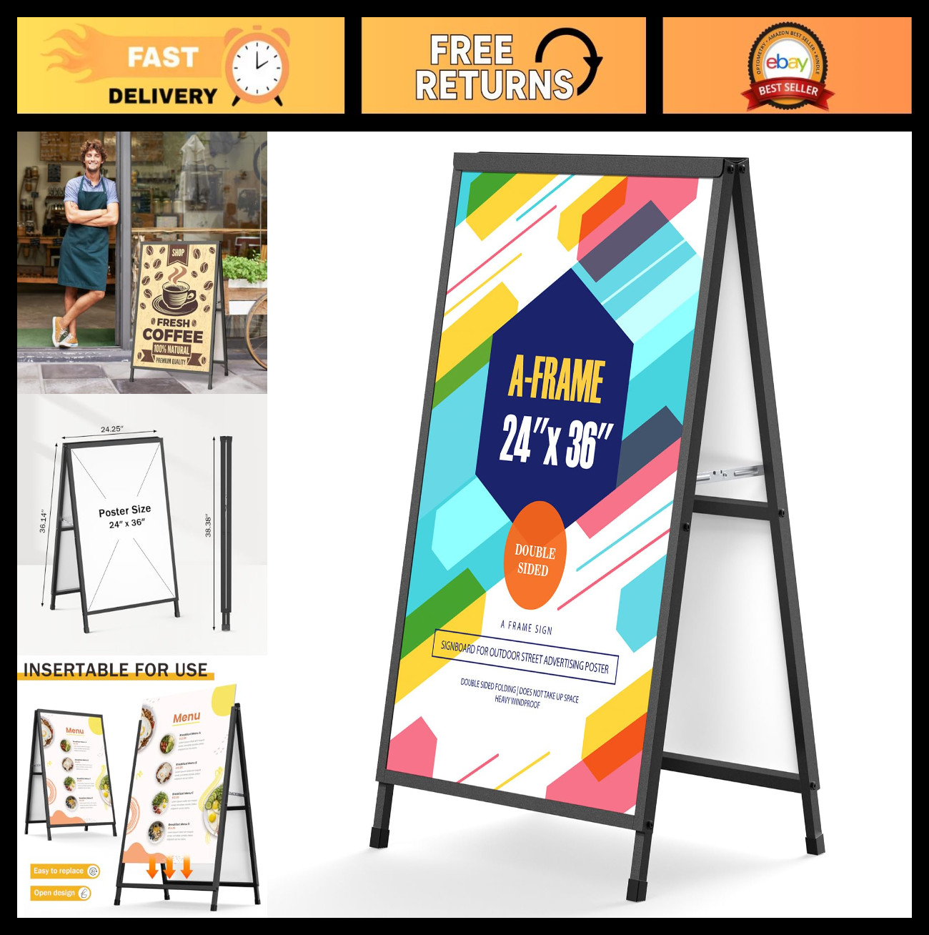 Heavy Duty 24×36 Inch A-Frame Sign Holder, Double-Sided Outdoor Sandwich Board