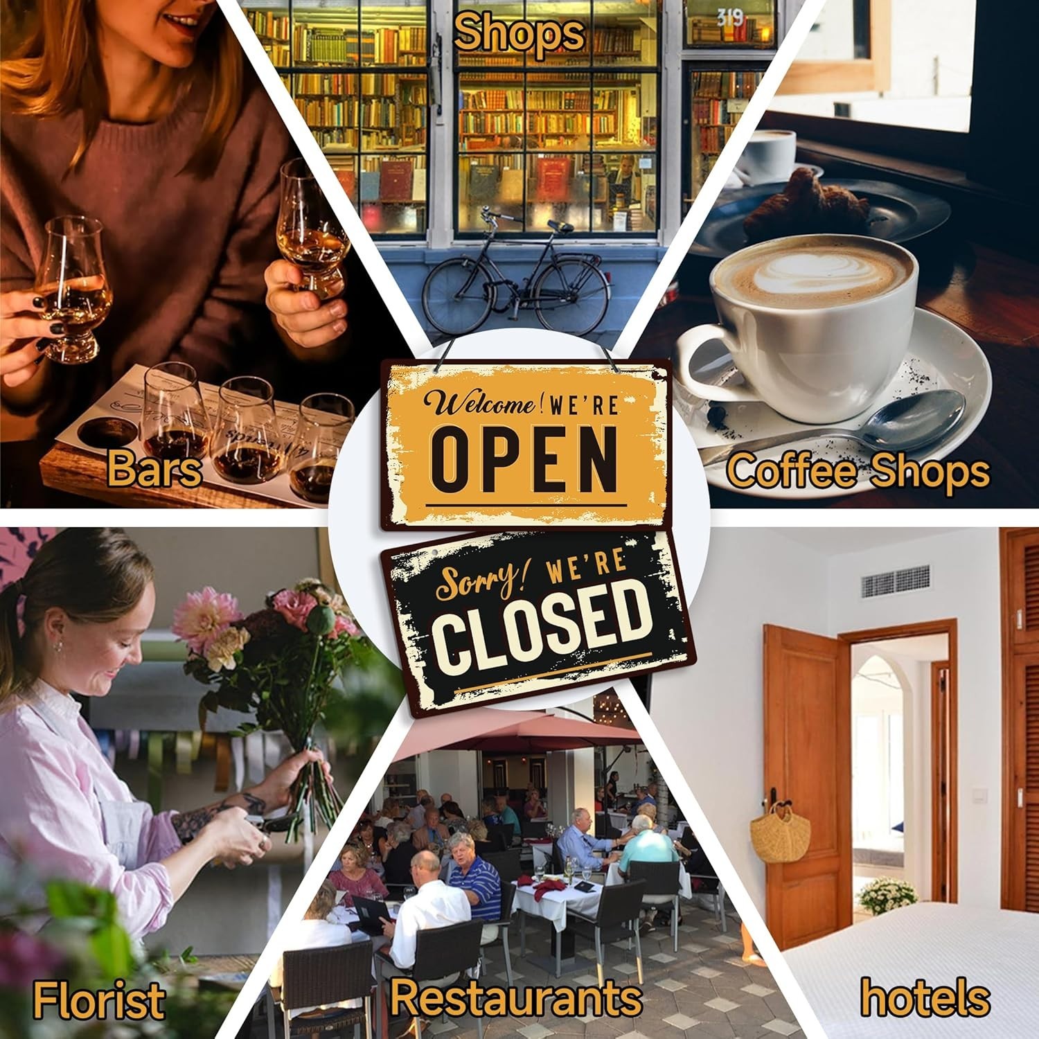 Open Closed Sign for Business, 10&Prime; X 6&Prime; Double Sided Plastic Sign with Twine, Su