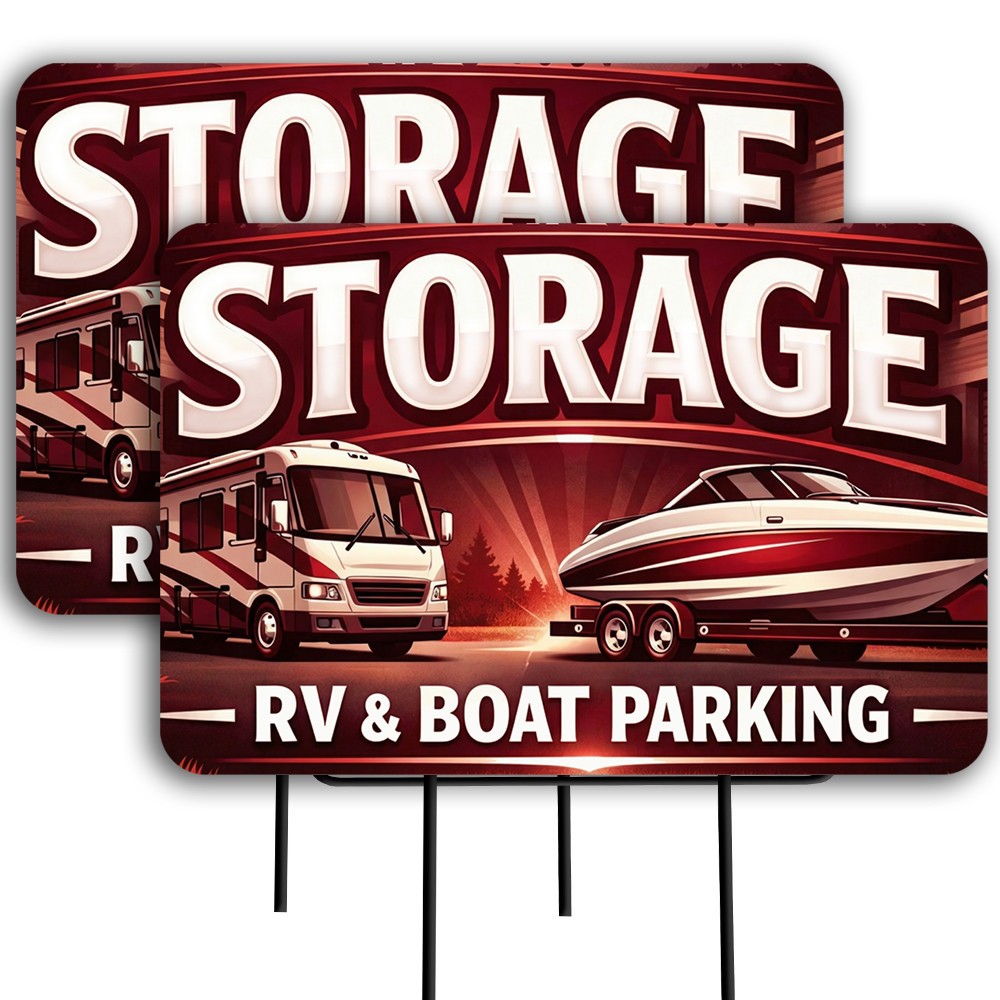 RV & Boat Storage (Red) 2 Pack Double-Sided Yard Signs 16&Prime; x 24&Prime; with Metal Stak
