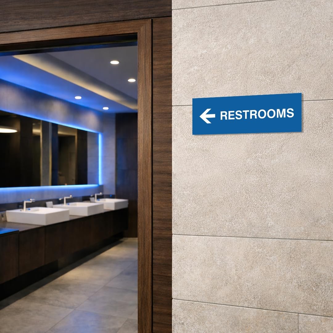 1 PC Basic Restrooms Left Arrow Directional Wall Door Sign Brushed Silver Fix