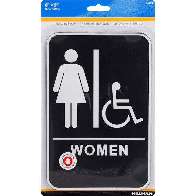 Hillman Women Restroom Door Wall Sign ADA w/ Braille – Black & White – 6&Prime; x 9&Prime;