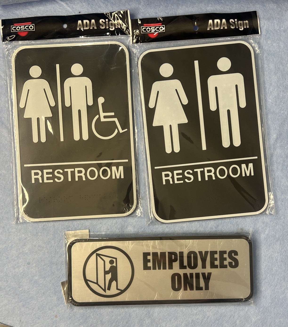 (2) Unisex Male Female Restroom Sign & (1) Employees Only Sign