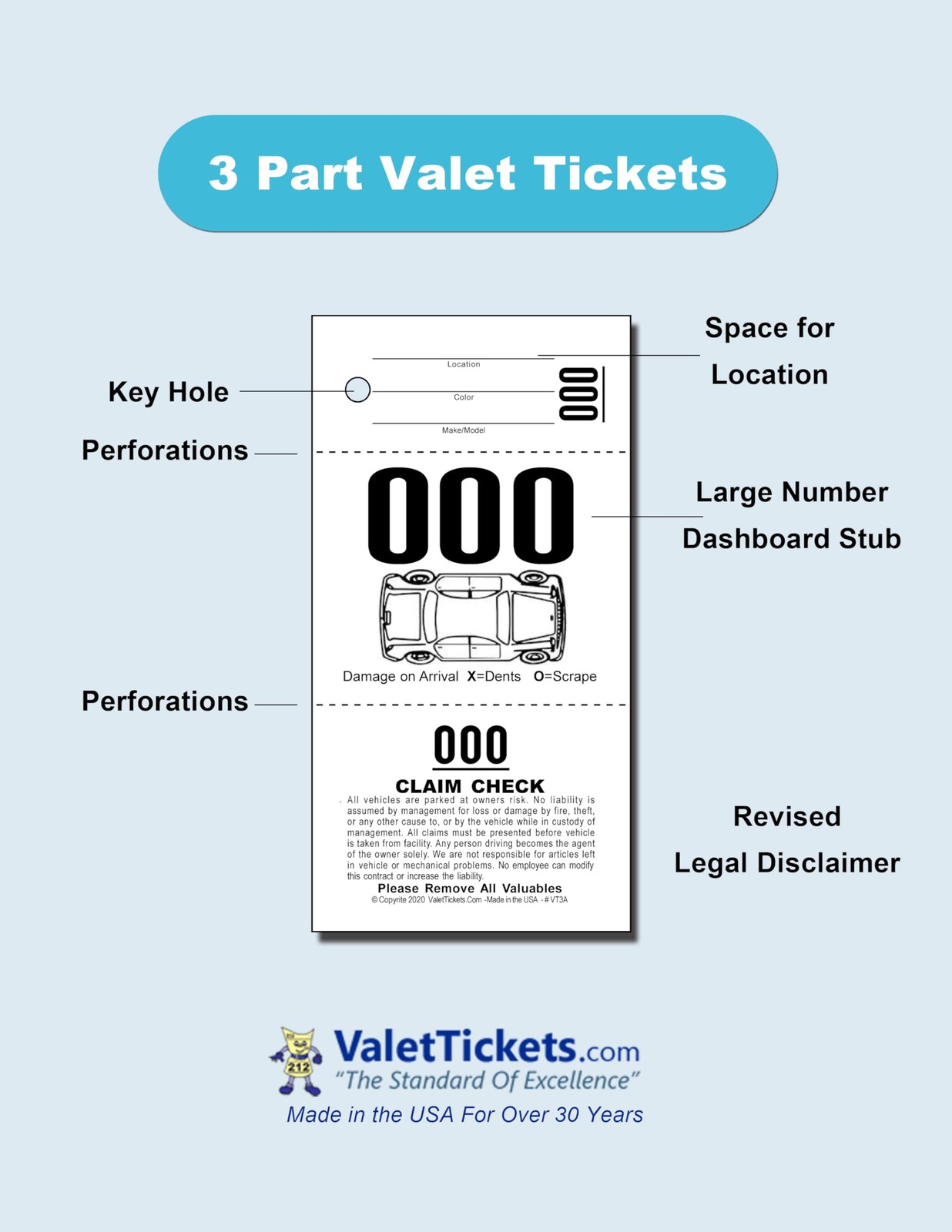 3 Part Valet Parking Tickets (1000 Tickets) on 110lb Card Stock 1000, White