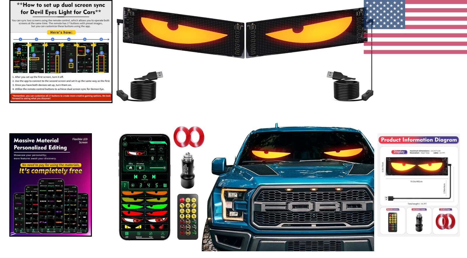 Devil&rsquo;s Eye 2-Pack: Color-Changing LED Windshield Display for Cars & Trucks